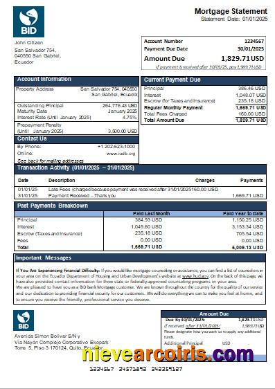 Ecuador BID bank mortgage statement